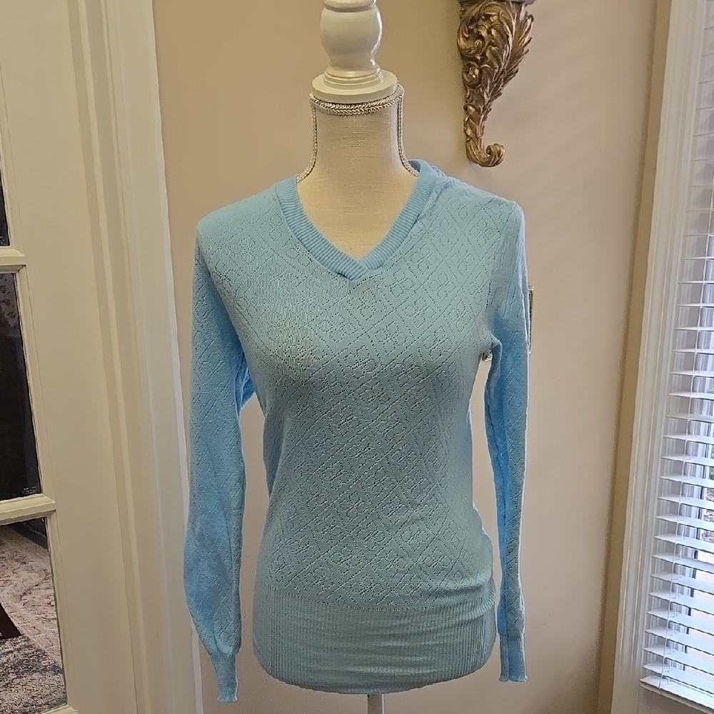 Cabela's Light Blue V-Neck Sweater diamond pattern thin knit long sleeve L EUC